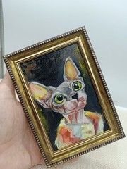 Sphynx Cat Original Oil Painting Framed 4×6 Signed Pet Portrait Animal Art