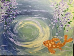Koi Fish Pond with Wisteria Reflection Acrylic Painting 11×14