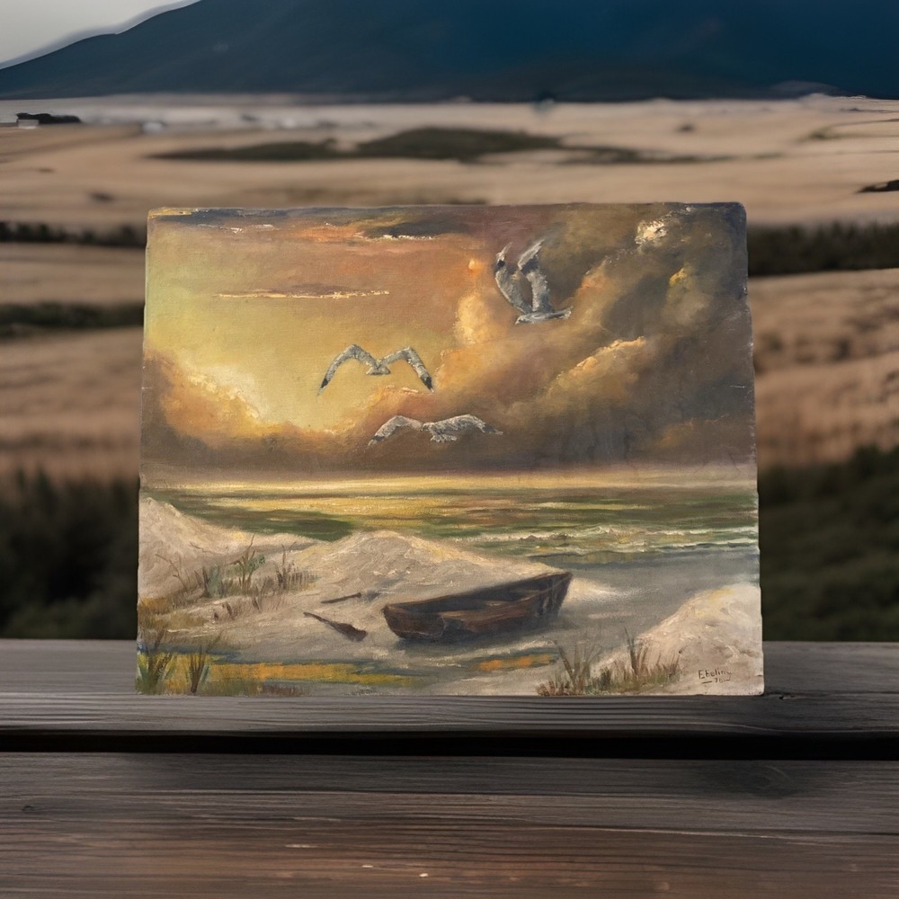 Vntg Original 1970’s Seascape Oil Painting Seagulls Birds Boat Beach 16” X 20”