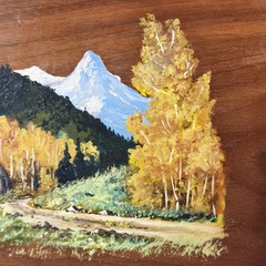 VTG Hand Painted Art on Board Wood Framed Fall Autumn Mountain Cottage USA 8.5″