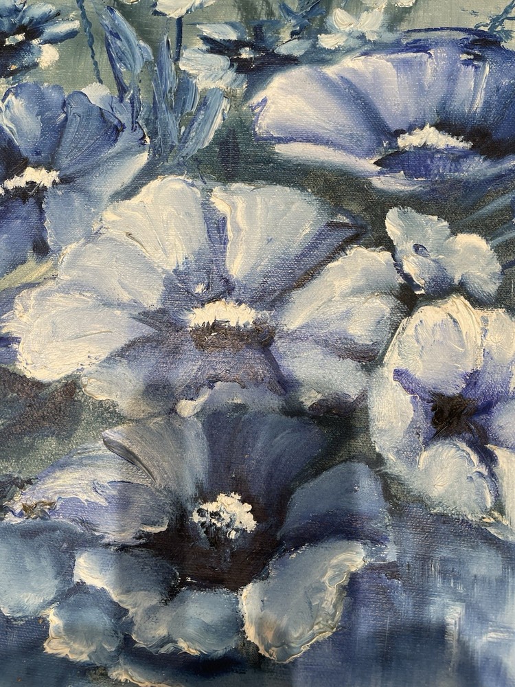 Lydia Darvis Painting, Blue Flowers Signed And Dated 1972