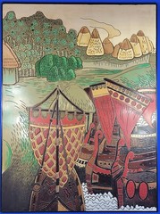 Gorgeous Hand-Carved Wood Panel Painting „Seaside Landscape“ 48″ X 36″