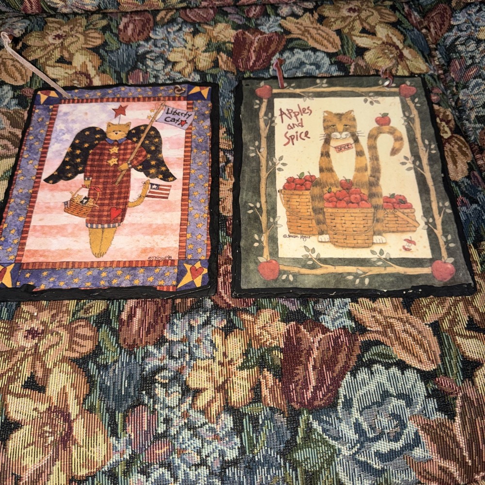 Lot of 2 Teresa Kogut Folk Art Liberty Cat & Apples & Spice on Slate 8”x10”