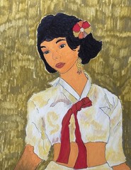 Asian Lady Red Bow Fashion Original 9 x 12 Artwork OOAK Painting Collectible Art