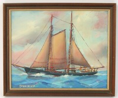 ARTIST SIGNED ELLERY THOMPSON PAINTING CLIPPER SHIP MYSTIC CT SLOOP SAILBOAT !!
