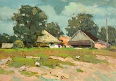 Oil painting Chickens graze Ukrainian painter Canvas Unframed original landscape