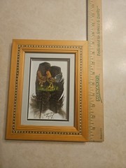 Beautiful Framed Feather Painting of Rooster &Hen by Olga E Reyes Signed 2008