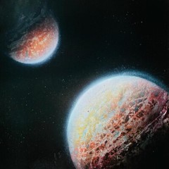 Crimson Celestial Duo – Handcrafted Spray Painted Planet Art on Paper