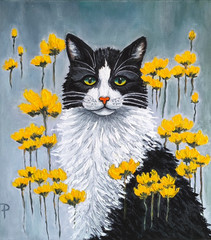 Original Cat Painting Oil on Canvas, Black White Kitty with Yellow Wildflowers