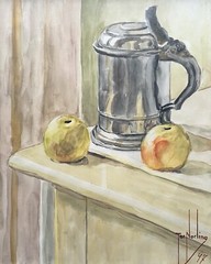 Tor Norling *1986 Still Life Pewter Jug Beer Stein Apples Wooden Chest 1947