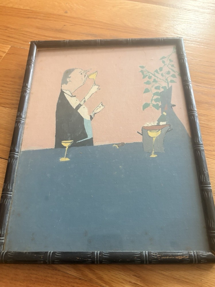 Vintage 1964 Original Mid Century Modern Painting Signed Gentleman Drinking Wine