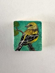 Goldfinch Finch Bird Art Miniature Oil Painting Original Scrabble Tile OOAK