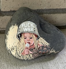 War Statement! Anti war Hand Painted On A Rock Approx 5 1/2” X 4 1/2” X 3 1/2”