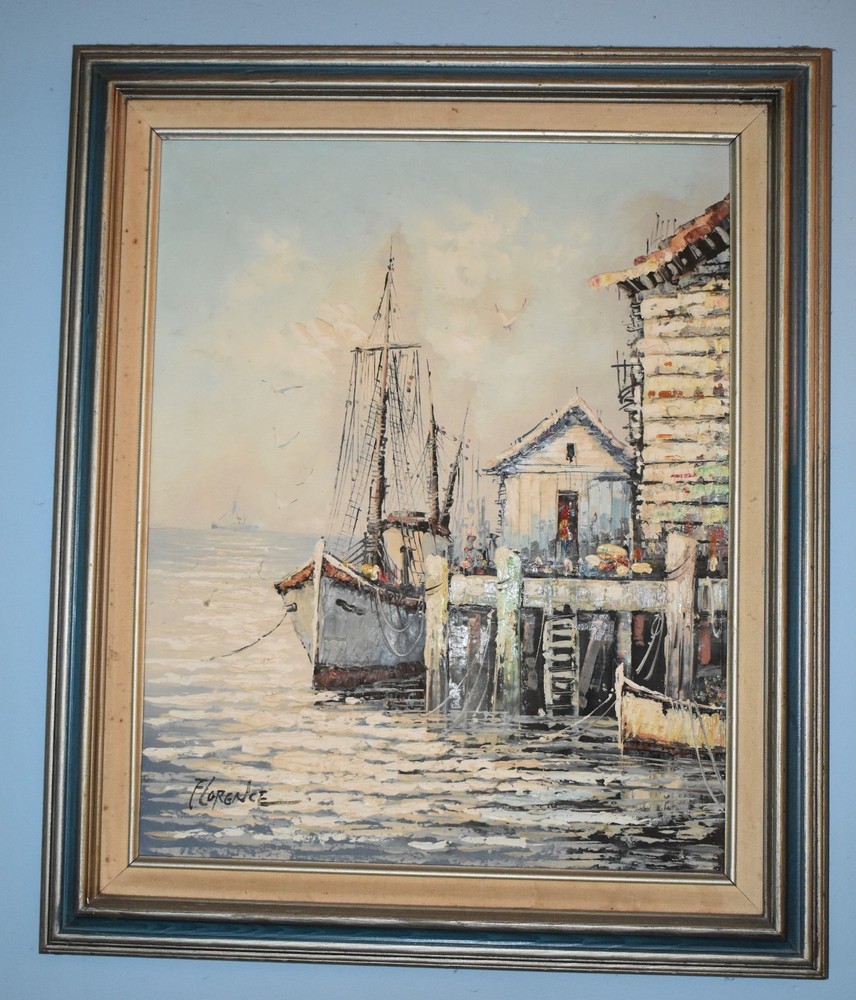 Vintage Oil on Canvas Painting Impressionist Venice Harbor Fishing Boats Signed