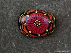 Hand Painted Rock / Stone – Red/Orange/Yellow Flower Mandla Zendoodle Zentangle