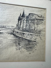 Dines Carlsen (1901 – 1966) „Palais de Justice From Pont Neuf“ Charcoal Drawing
