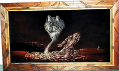 Vtg NATIVE AMERICAN WOLF Original BLACK VELVET OIL PAINTING Carved Wood Frame