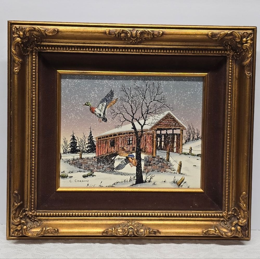 C. Carson Serigraph Vintage Oil Painting Flying Ducks And Covered Bridge Signed
