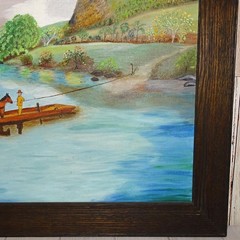 1970 Primitive Folk Art Landscape Oil Painting Horse Carriage Crossing River