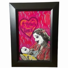Original Painting Creepy Mother & Child Vtg Ooak Framed Gothic Weird Dark Art