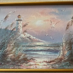 Vintage SEASCAPE sand dunes ocean oil Painting original hand painted lighthouse