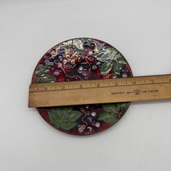 Vintage Enamel On Copper 6” Plate Trinket Dish Wall Decor Grapes Leaf Motif