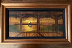 Walfrido Garcia – Original Painting on Koa – Sailboat at Sunset – Koa Frame WOW!