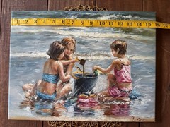 Original Oil Painting by Xiao Children at Beach Seascape 16×12 Signed Artwork