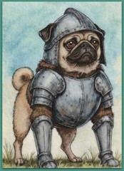 ACEO 2.5×3.5 watercolor painting – pug dog armor guard cute cozy tale