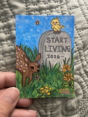 ACEO- Original Mini Painting-Start Living- Cute Wildlife Around Headstone/Grave