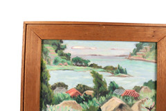 Mid Century Coastal Village Scene Village Oil Painting Illegible Signature 1952