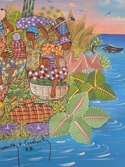 Signed Don Sanche Haitian Market Village Island Painting Folk Art 21×24 Canvas