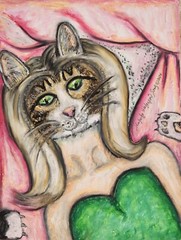 CAT GIRL Original 9×12 oil Pastel Painting by KSams Fantasy Woman Pink and Green