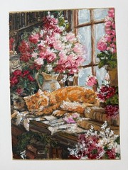 Orange Cat Original Art Still Life Wall Art Animal Oil Pastels Art Flowers Art