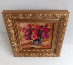 Pink Roses Bouquet Original Oil Painting Framed Still Life in Bronze frame 4×4″
