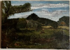 19TH CENTURY ANTIQUE EUROPEAN PLEIN AIR LANDSCAPE OIL PAINTING OLD COWS ENGLISH