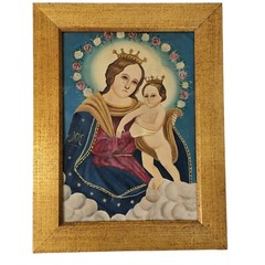 Antique Vintage Retablo Madonna and Child Oil On Tin Painting #4 Religeous Icon