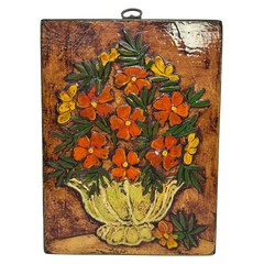 Vintage 1980s Still Life Dimensional Relief Floral Wall Art Painting on Plywood