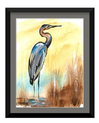 9×12 Original Blue Heron Painting Crane Bird Wildlife Art Coastal Marsh Nature