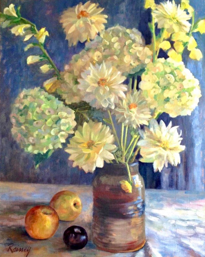 Framed Floral Still Life Painting “Hydrangeas with Fruit” 24×36