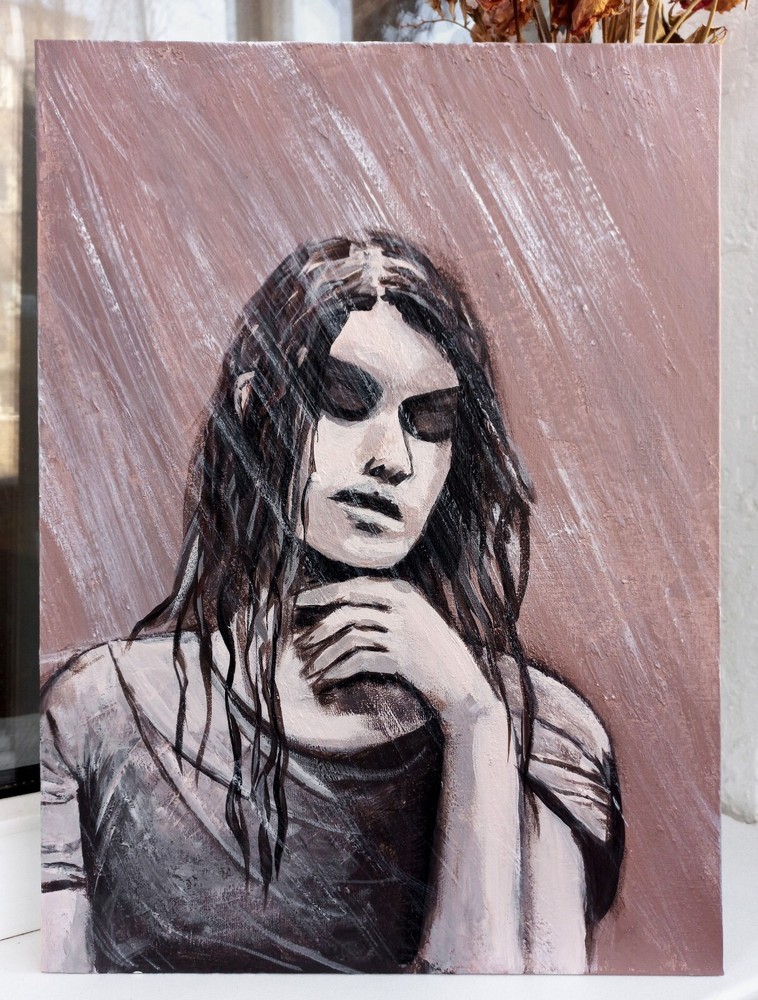 Warm Tones Portrait Original Painting Young Woman Closed Eyes Raining, 16×12
