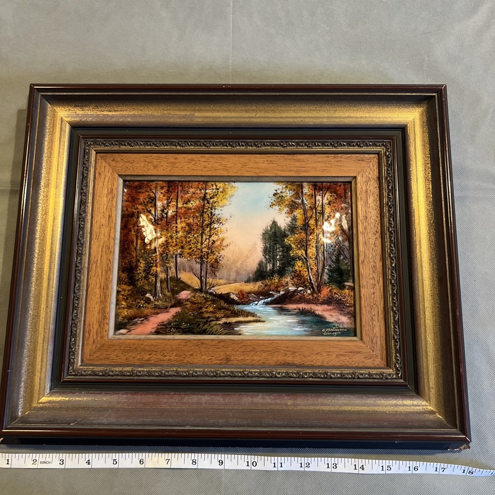 Vintage Limoges-M. Betourne Enamel French Painting 10”x7” Autumn By A River
