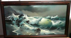 HULAN FLEMING LARGE ORIGINAL OIL ON MASONITE BOARD STORMY SEASCAPE PAINTING 1976