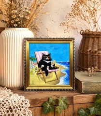 Black Cat Beach Original Mini Oil Painting Framed Coastal Wall Art Beach Decor