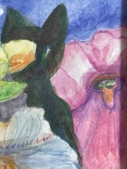 Original Watercolor Painting Black Cat With Flowers Signed Framed READ