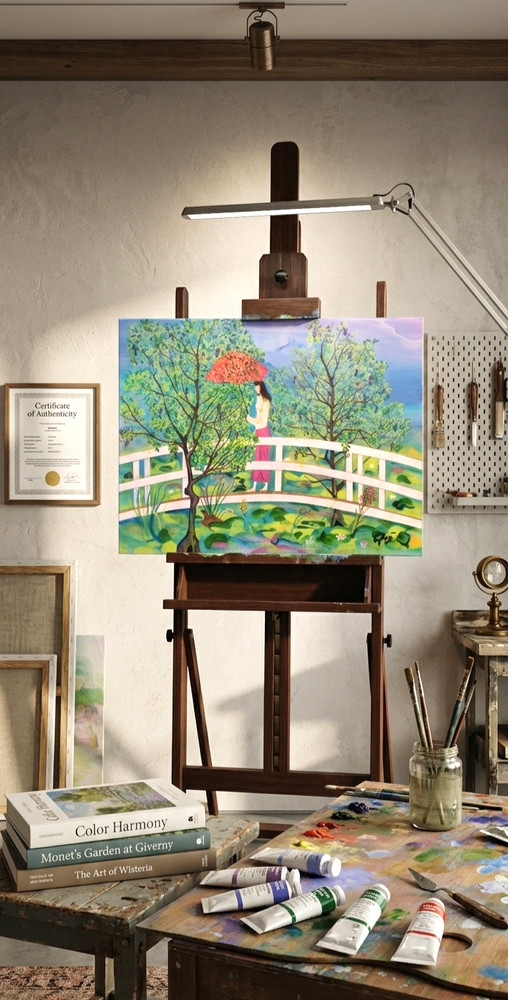 Japanese Garden Original Acrylic Painting Canvas Signed Vytas 16×20 Fish Pon