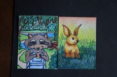 ACEO ORIGINAL ART CARDS Watercolor Raccoon Bunny Lot OF 2 Signed