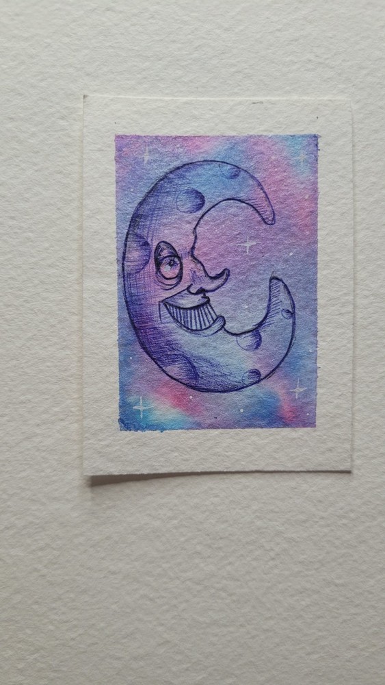 aceo original miniature moon art watercolor and ink celestial galaxy