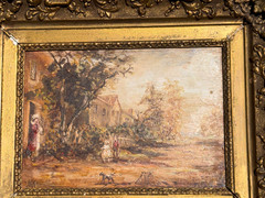 19th Century Italian Oil Painting outdoor scene dog and woman playing illegible