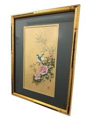 Vintage Two Birds In Roses Silk Batik Painting Watercolor P Chan Peter Signed